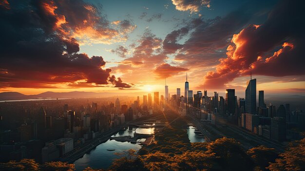 Une photo d'un paysage urbain avec de hauts gratte-ciel au coucher du soleil