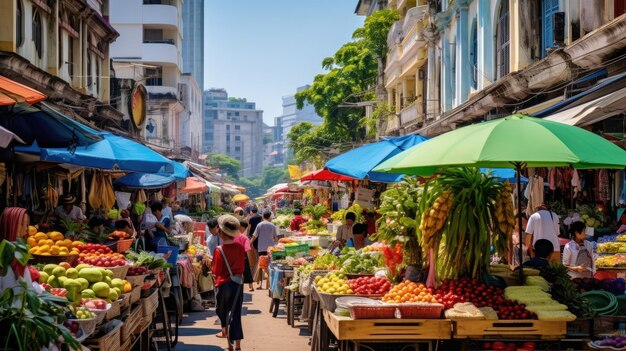 Une photo d'un paysage urbain avec un marché animé et des stands colorés