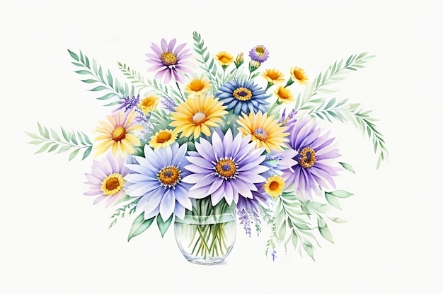 Photo une peinture à l'aquarelle d'un bouquet de feuilles et de fleurs pour la décoration de printemps ou d'été