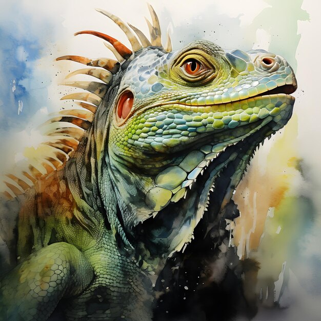 Photo d'une peinture à l'aquarelle d'un majestueux iguane vert