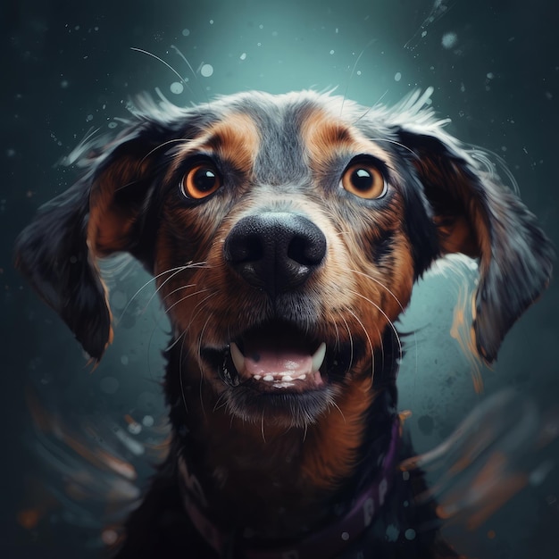 PHOTO Une peinture d'un chien avec un fond bleu