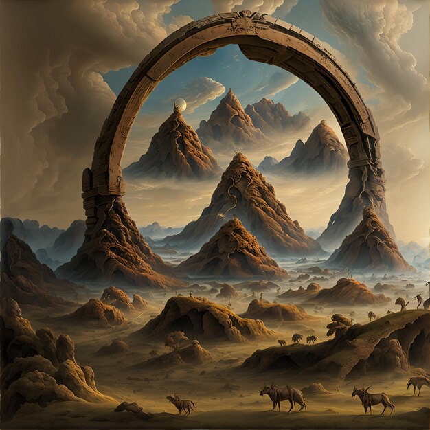 Photo d'une peinture de paysage de montagne à couper le souffle avec une arche au centre