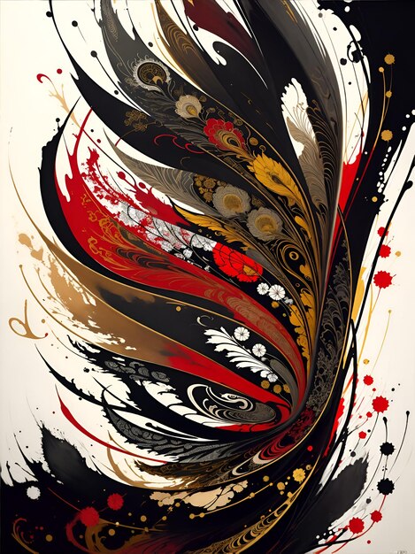 Photo d'une peinture de plumes vibrante en couleurs noire rouge jaune et blanche