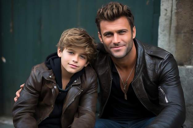 Photo d'un père et d'un fils heureux posant à l'extérieur et copiant l'espace