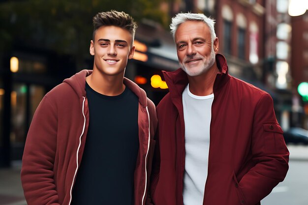 Photo d'un père et d'un fils heureux posant à l'extérieur et copiant l'espace