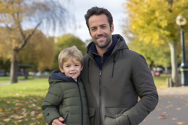 Photo d'un père et d'un fils heureux posant à l'extérieur et copiant l'espace