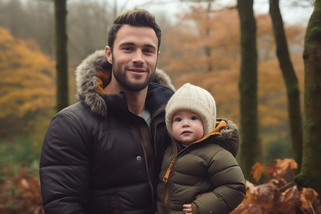 Photo d'un père et d'un fils heureux posant à l'extérieur et copiant l'espace