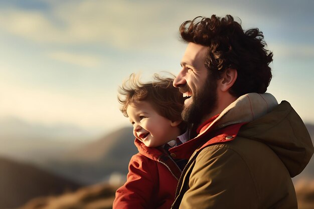 Photo d'un père et d'un fils heureux posant à l'extérieur et copiant l'espace