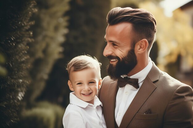 Photo photo d'un père et d'un fils heureux posant à l'extérieur et dans l'espace de copie