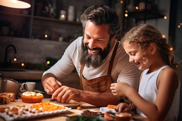 Photo une photo d'un père heureux et d'une petite fille mignonne faisant une tarte à la citrouille ensemble pour thanksgiving