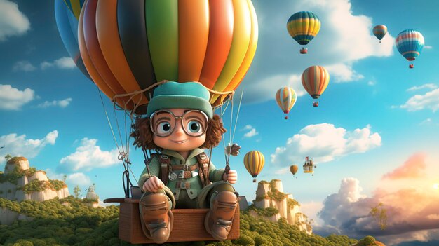 Une photo d'un personnage 3D avec un ballon à air chaud