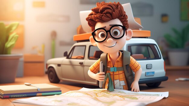 Photo une photo d'un personnage 3d avec une carte planifiant une route