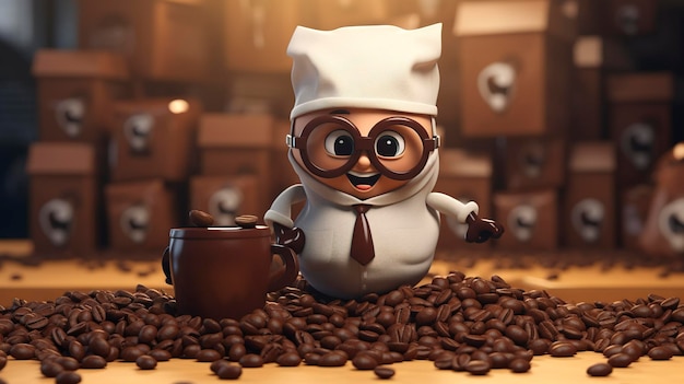 Une photo d'un personnage 3D emballant du café torréfié