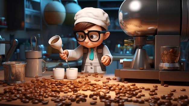 Une photo d'un personnage 3D examinant la qualité du café