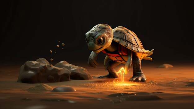 Une photo d'un personnage 3D guidant une tortue