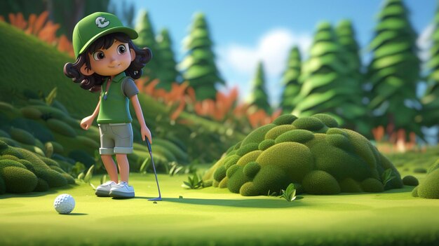 Une photo d'un personnage 3D mettant sur une belle verdure