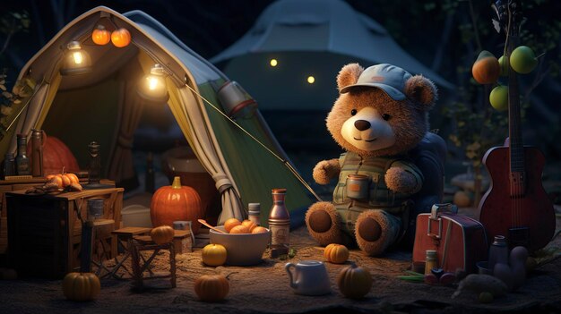 Une photo d'un personnage en 3D mettant en place un camping