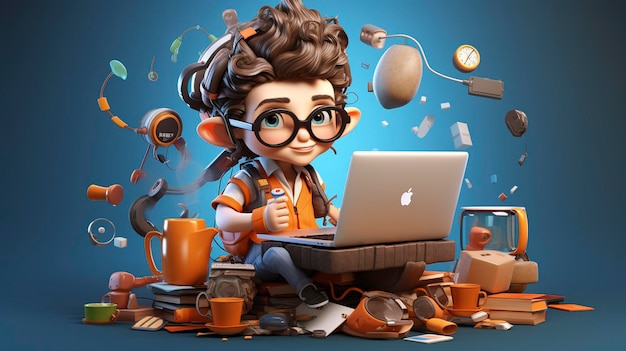 Une photo d'un personnage 3D occupé faisant plusieurs tâches avec du café