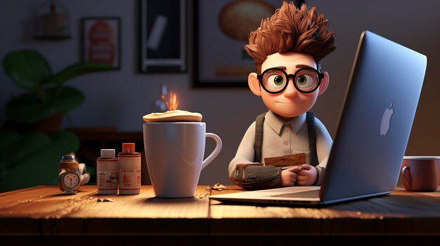 Une photo d'un personnage 3D avec un ordinateur portable et une tasse