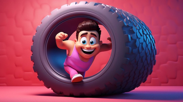 Une photo d'un personnage 3D poussant un pneu dans un gymnase