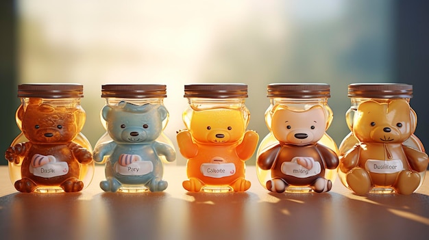 Une photo d'un personnage 3D présentant divers pots de miel