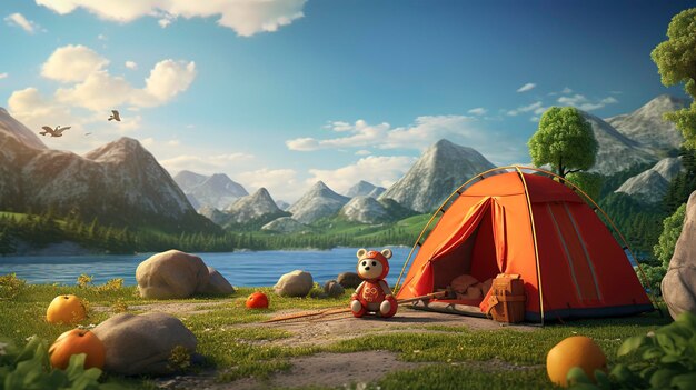 Une photo d'un personnage 3D avec une tente et du matériel de camping