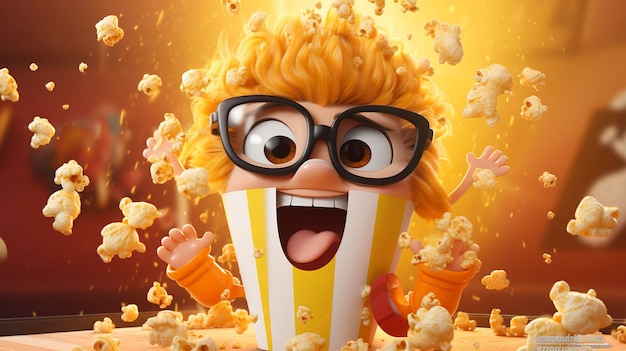 Une photo d'un personnage 3D avec un thème de pop-corn