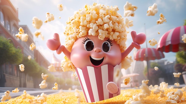 Une photo d'un personnage 3D avec un thème de pop-corn