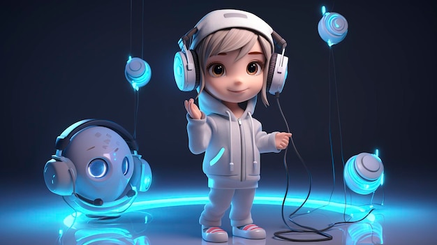 Une photo d'un personnage 3D utilisant des haut-parleurs et des écouteurs