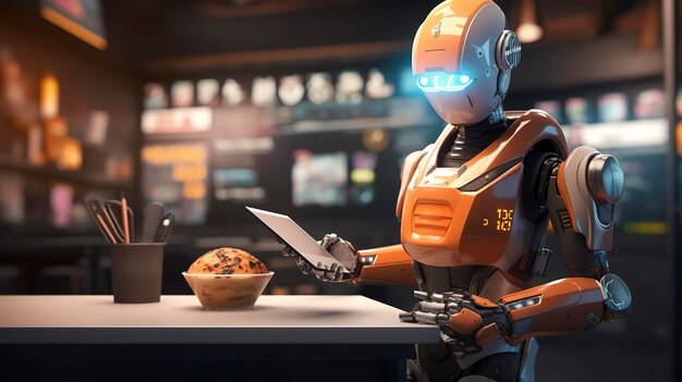 photo d'un personnage commandant chez un robot de restauration rapide futuriste