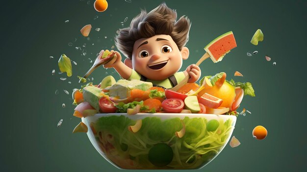 D une photo d'un personnage dégustant une salade de restauration rapide