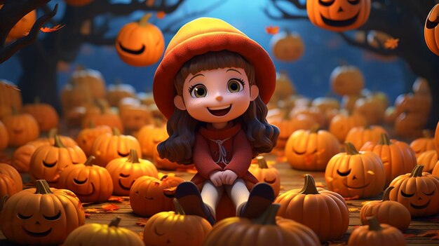 photo d'un personnage en D entouré de citrouilles dans un décor d'automne