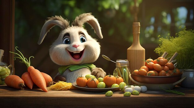 photo d'un personnage D profitant d'un repas à la ferme avec des légumes frais