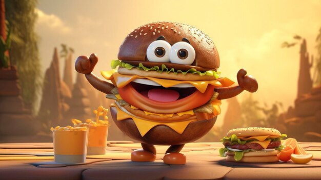 Une photo d'un personnage tenant un hamburger fast-food géant