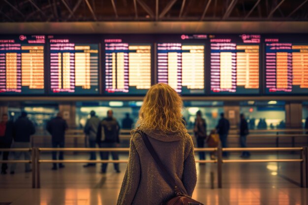 Photo d'une personne à l'aéroport devant l'écran d'information de vol