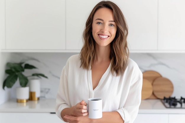 Une photo d'une personne debout dans une cuisine moderne tenant une boîte de thé et souriant à la caméra