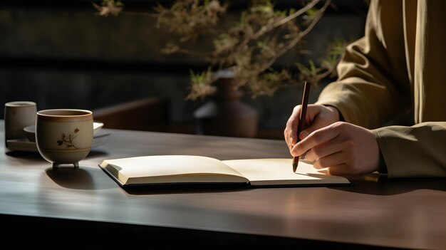 Photo d'une personne écrivant dans un livre à une table