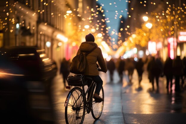 Photo d'une personne faisant du vélo dans la foule de la ville sous les lumières la nuit dans la ville