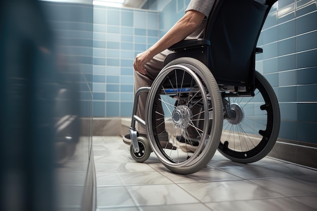 Une photo d'une personne à mobilité limitée utilisant le Shampoo Cap dans son fauteuil roulant