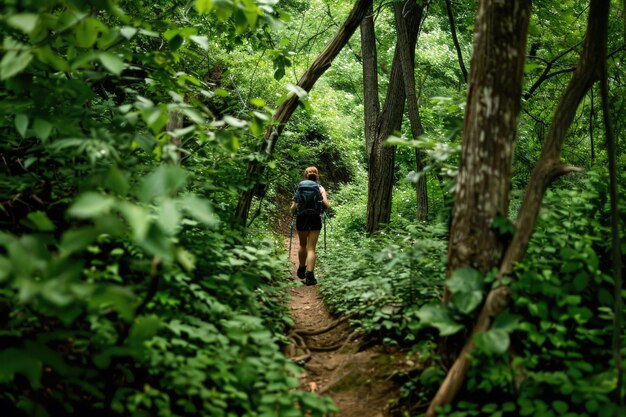 Une photo d'une personne en randonnée dans une forêt verte luxuriante