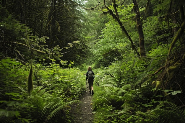 Une photo d'une personne en randonnée dans une forêt verte luxuriante