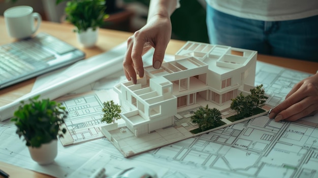 Une photo d'une personne tenant une maison modèle sur un plan de site sur le bureau