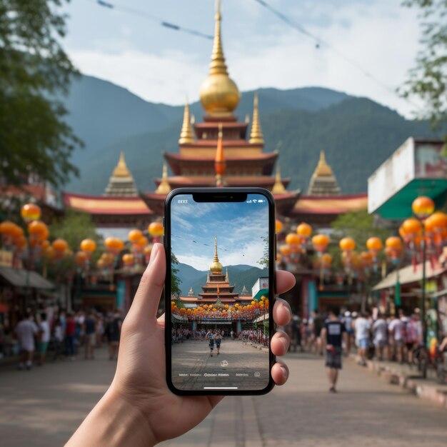 Une photo d'une personne tenant un téléphone devant un temple chinois