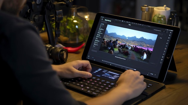 Photo une photo d'une personne utilisant une tablette pour le montage vidéo