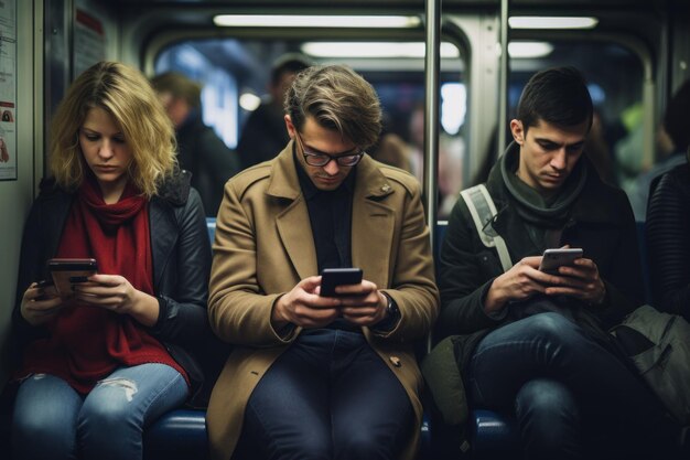 Photo de personnes assises dans le métro et utilisant un téléphone intelligent