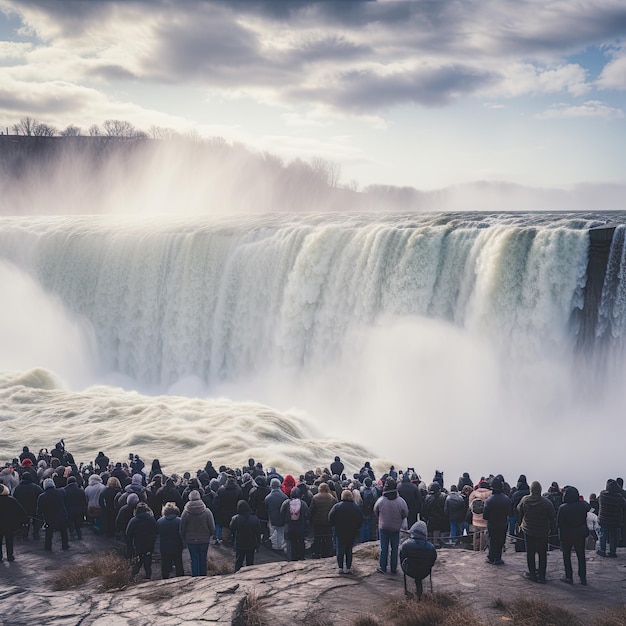 Photo de personnes devant les chutes du Niagara aux États-Unis et au Canada