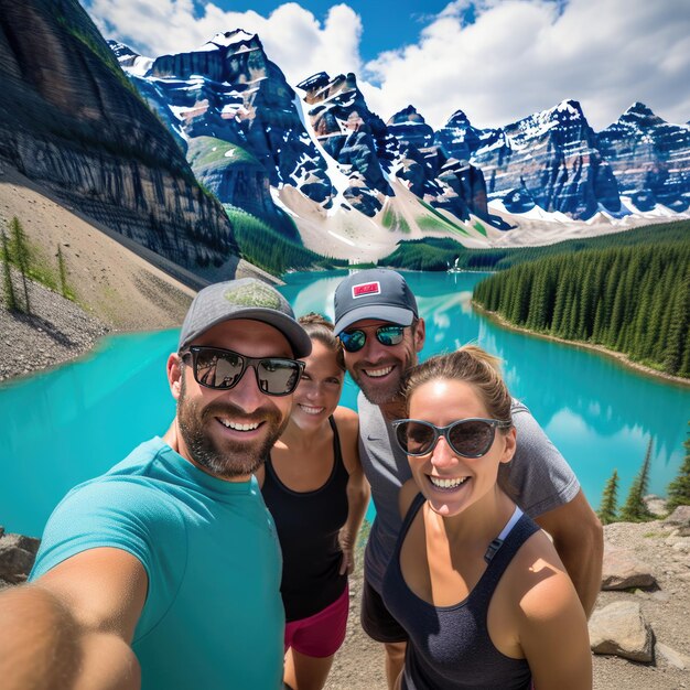 Photo de personnes devant le lac Moraine au Canada