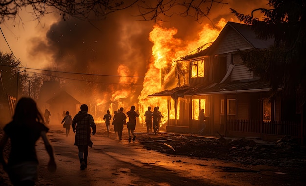 Une photo de personnes fuyant un incendie qui brûle des maisons Generative AI