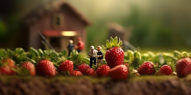 Photo de personnes jouets dans une ferme de fraises générative ai