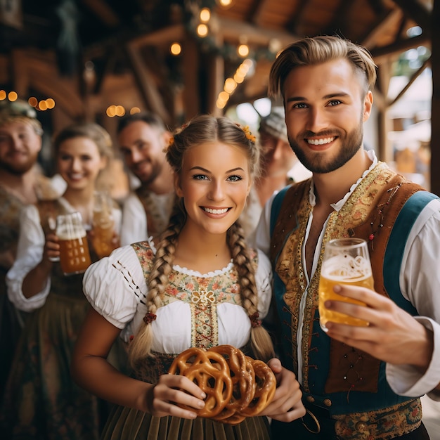 Photo photo de personnes portant des costumes traditionnels bavarois bière et bretzels